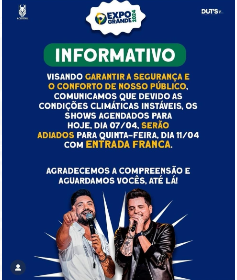 Show da dupla Fred e Fabricio na Expogrande é cancelado devido condições climáticas