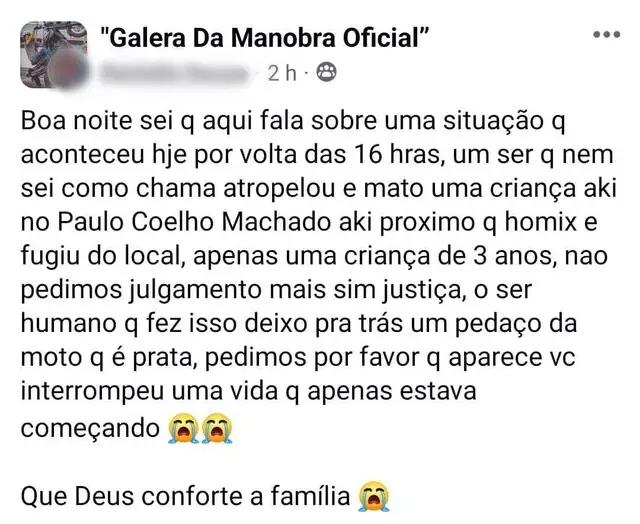 Criança de três anos morre atropelada em bairro da Capital por motociclista que ainda fugiu sem prestar socorro