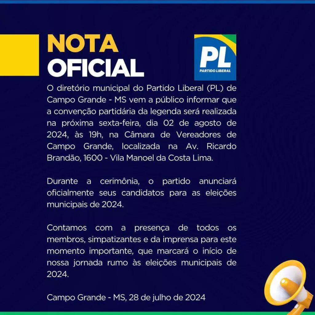 PL marca convenção em Campo Grande para 2 de agosto