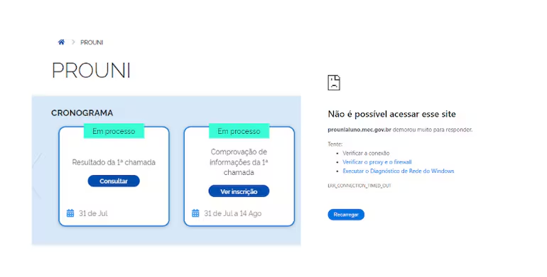 Site apresenta instabilidade no dia da divulgação da 1ª chamada do Prouni do segundo semestre