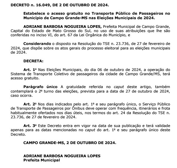 Campo Grande terá transporte público gratuito nas eleições deste domingo Campo Grande terá transporte público gratuito nas eleições deste domingo