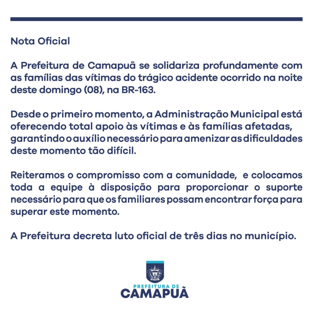 Prefeitura de Camapuã decreta luto oficial após morte de atletas em acidente na BR-163