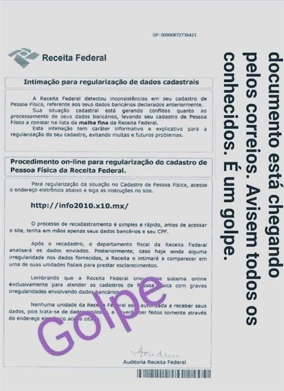 Receita Federal alerta sobre golpe por correspondência com uso indevido do seu nome Receita Federal alerta sobre golpe por correspondência com uso indevido do seu nome