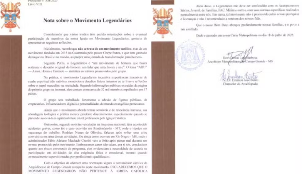 Bispo de Campo Grande pede aos fiéis para evitarem o 'Legendários': "Não está em comunhão com os meios católicos", disse