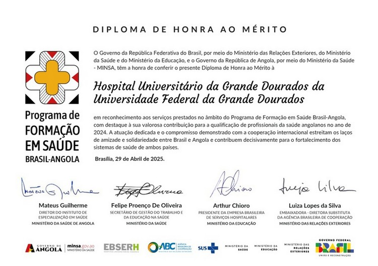 HU-UFGD recebe reconhecimento por formação de profissionais angolanos HU-UFGD recebe reconhecimento por formação de profissionais angolanos