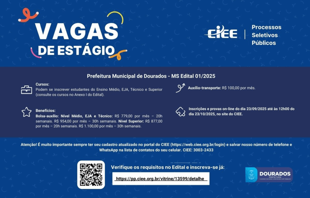 Dourados está com dois processos seletivos para estagiários nos níveis médio, EJA, técnico e superior