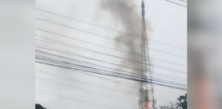 Torre de transmissão da Record pega fogo em Campo Grande