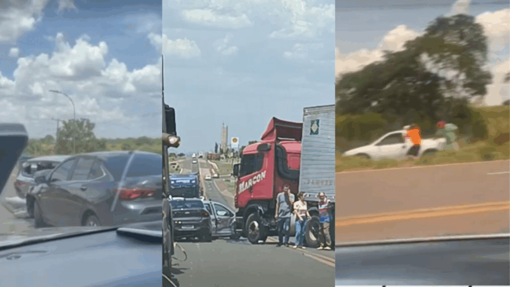 Acidente entre caminhão e carros causa congestionamento na BR-262 Acidente entre caminhão e carros causa congestionamento na BR-262