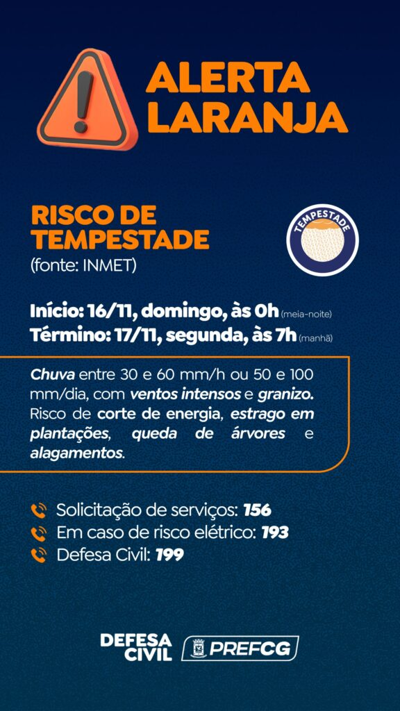 Campo Grande entra em alerta laranja por risco de temporal, segundo Defesa Civil Campo Grande entra em alerta laranja por risco de temporal, segundo Defesa Civil