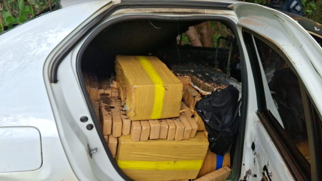 Após longa perseguição, carro com drogas bate em árvore e pega fogo na Capital; dois homens foram presos