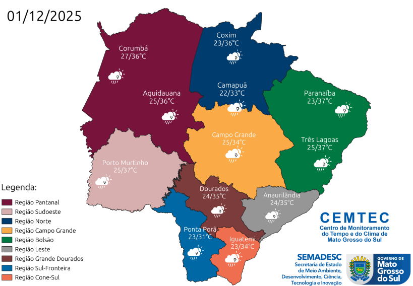 Frente fria e baixa pressão trazem chuva forte e ventos para MS no início de dezembro