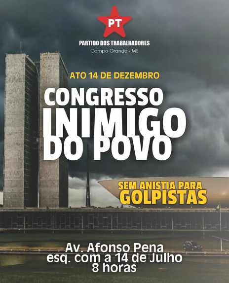 “Sem Anistia para Golpistas”: Campo Grande terá manifestação neste domingo “Sem Anistia para Golpistas”: Campo Grande terá manifestação neste domingo
