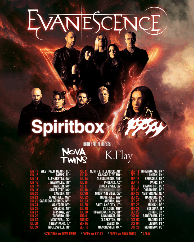 Evanescence anuncia turnê mundial em 2026 com Spiritbox, Poppy, K.Flay e Nova Twins como atrações de abertura