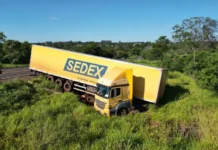 Motorista perde a direção e carreta dos Correios vai parar no meio do mato na BR-267