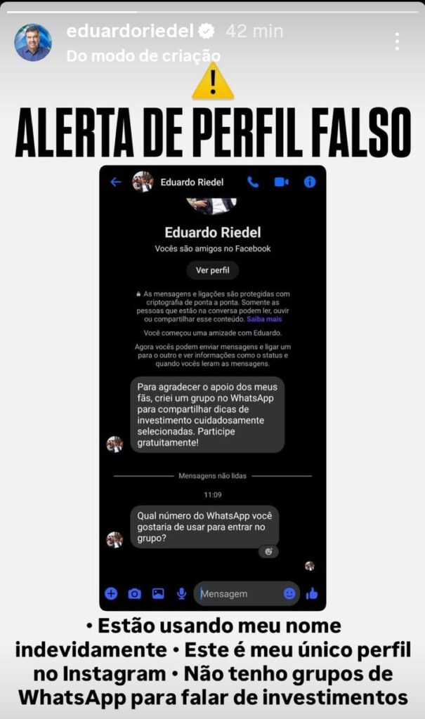 Golpistas usam foto e nome de Eduardo Riedel para criar falso grupo de investimentos no WhatsApp