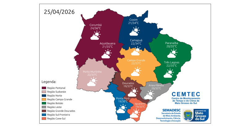 Calor intenso e tempo seco marcam o sábado em Mato Grosso do Sul