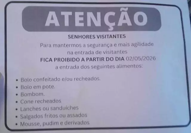 Máxima da Capital veta entrada de alimentos como bolo recheado e bombom em visitas a partir de maio