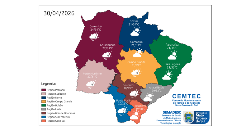 Último dia de abril será de calorão e risco de tempestades em Mato Grosso do Sul