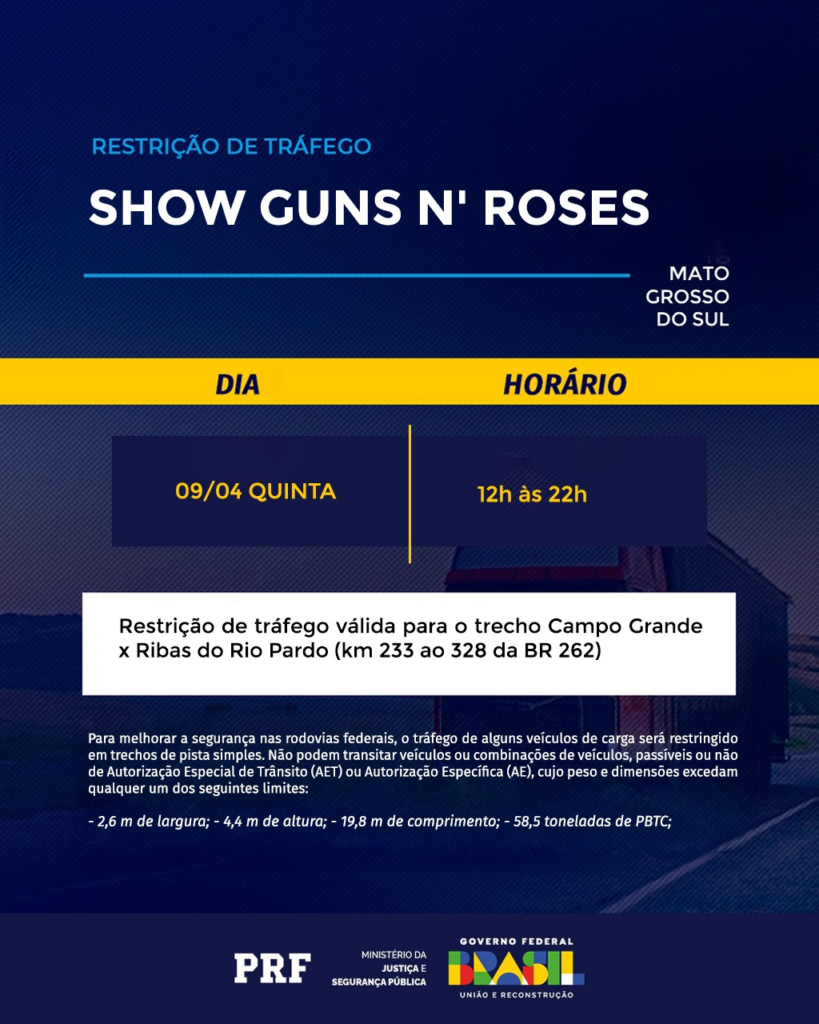 Show histórico do Guns N' Roses terá segurança reforçada e restrição de veículos pesados na BR-262