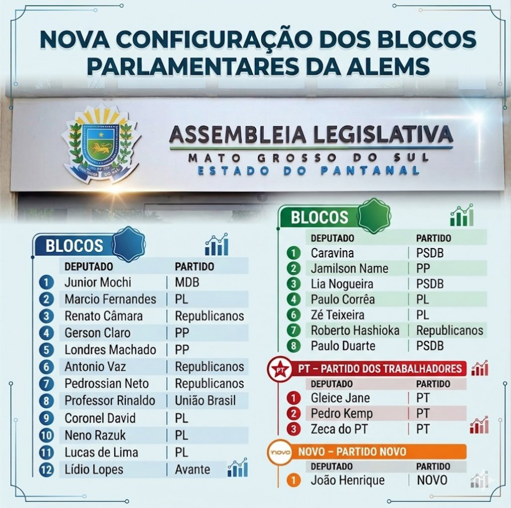 Com o fim da janela partidária, definida a composição de bancadas e blocos parlamentares da ALEMS Com o fim da janela partidária, definida a composição de bancadas e blocos parlamentares da ALEMS