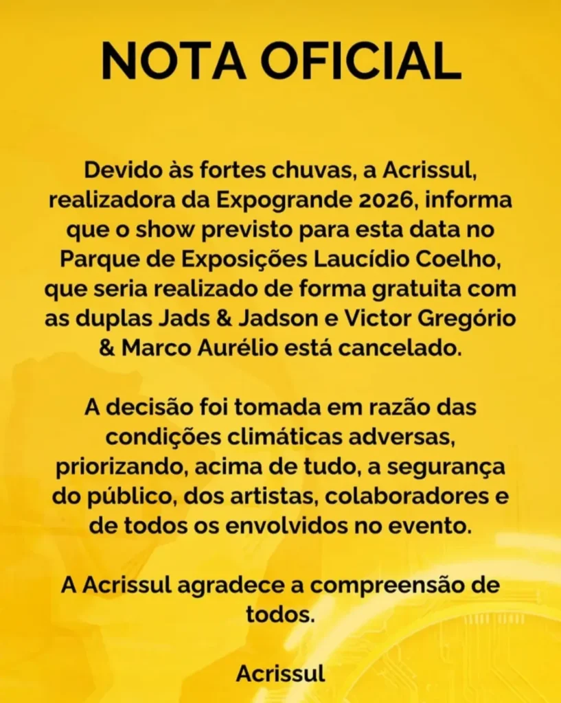 Veja como ficou a estrutura da Expogrande após temporal; shows são cancelados