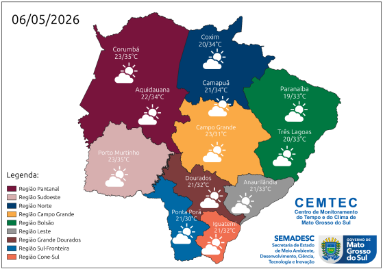 Sol forte e tempo seco marcam a quarta-feira em Mato Grosso do Sul