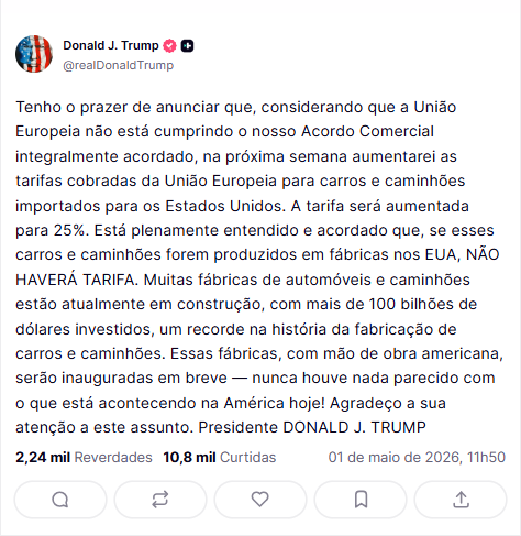 Trump anuncia tarifa de 25% sobre carros da União Europeia a partir da próxima semana