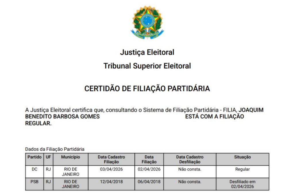 Joaquim Barbosa se filia ao DC e partido quer lançar ex-ministro à Presidência Joaquim Barbosa se filia ao DC e partido quer lançar ex-ministro à Presidência