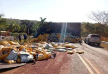 Carregado de ração, caminhão tomba na Serra Sucuriú e deixa BR-060 interditada