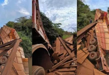 Ponte cede e carreta carregada de milho tomba em rio de Sidrolândia