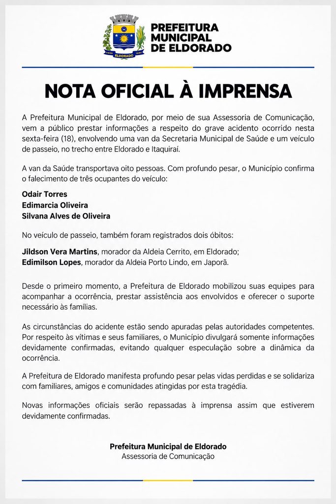 Número de mortes no acidente entre van com pacientes de Eldorado e carro na BR-163 sobe para cinco
