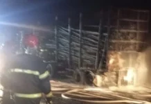 Carreta com carga de eucalipto pega fogo e fecha MS-377 por duas horas