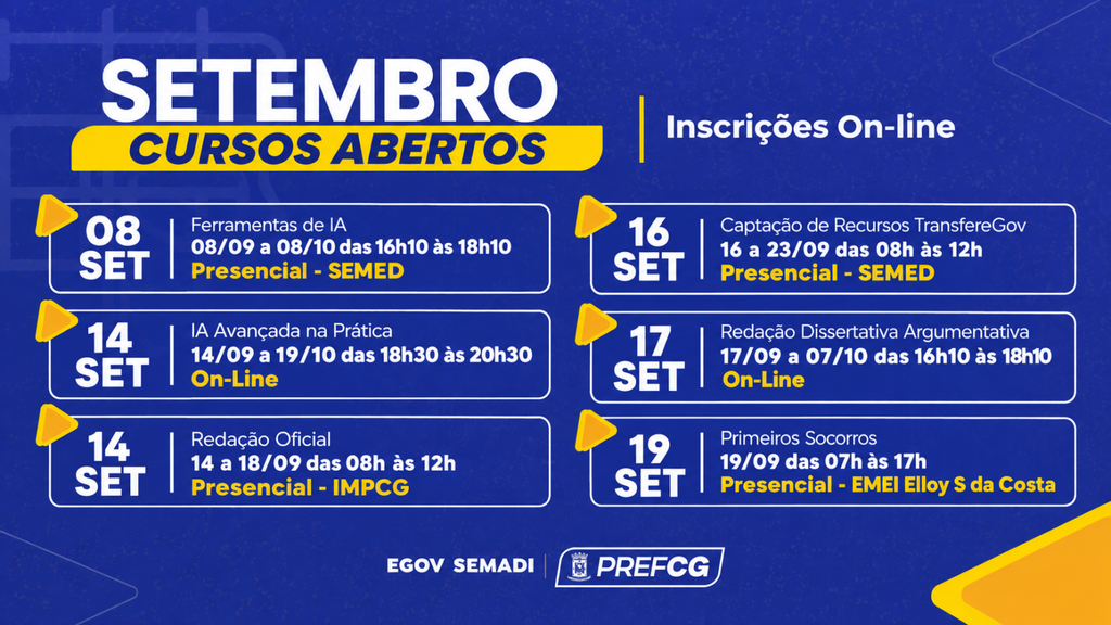 Servidores de Campo Grande terão cursos de IA, redação e primeiros socorros em setembro Servidores de Campo Grande terão cursos de IA, redação e primeiros socorros em setembro