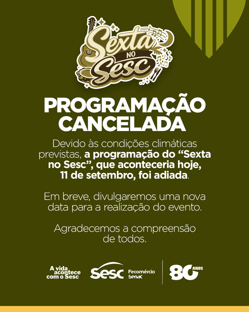 Em cima da hora, Sesc/MS anuncia cancelamento do show gratuito de Samuel Rosa no Parque das Nações Indígenas