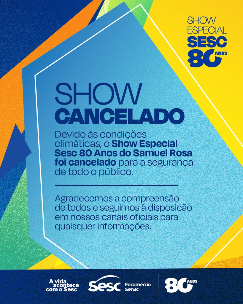 Em cima da hora, Sesc/MS anuncia cancelamento do show gratuito de Samuel Rosa no Parque das Nações Indígenas