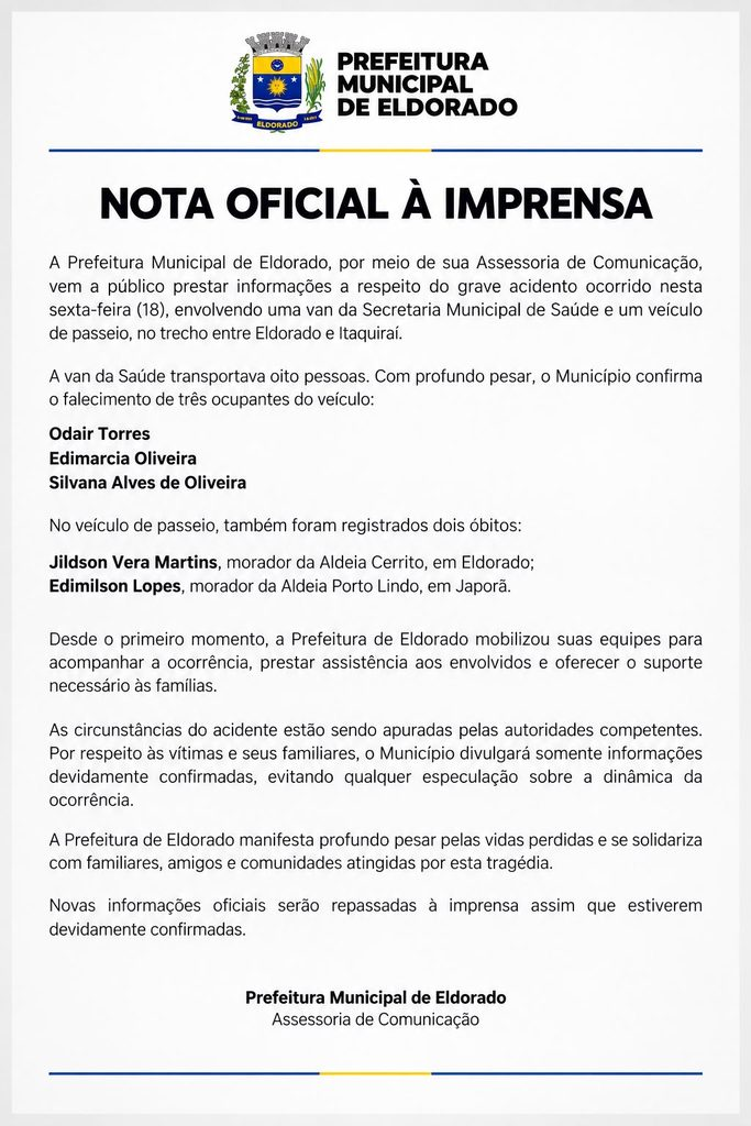 Eldorado confirma sexta morte de acidente entre van da Saúde e carro na BR-163