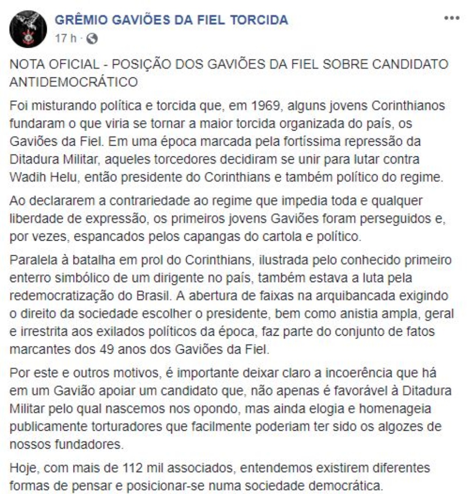Gaviões da Fiel e Torcida Jovem reafirmam rejeição a Bolsonaro
