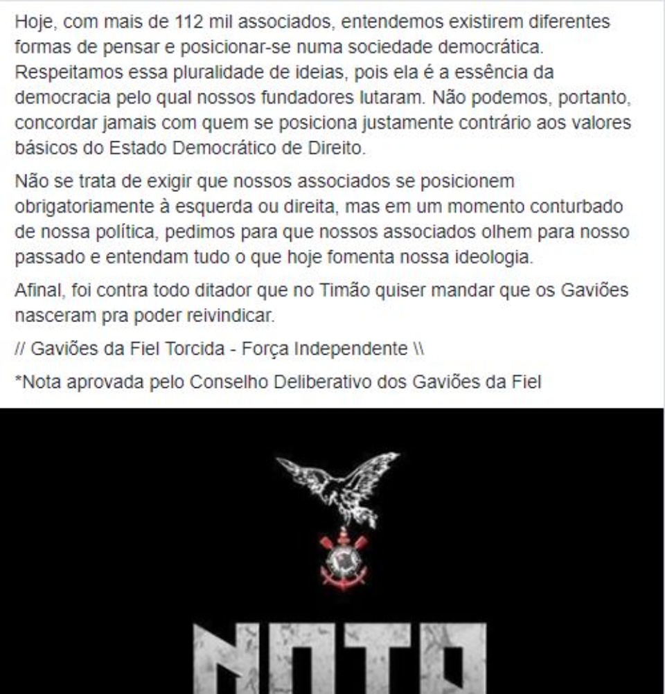 Gaviões da Fiel e Torcida Jovem reafirmam rejeição a Bolsonaro