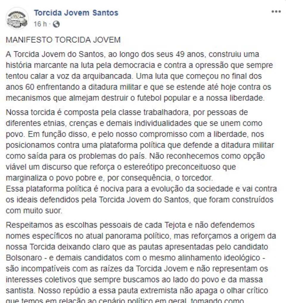Gaviões da Fiel e Torcida Jovem reafirmam rejeição a Bolsonaro