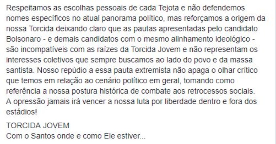 Gaviões da Fiel e Torcida Jovem reafirmam rejeição a Bolsonaro