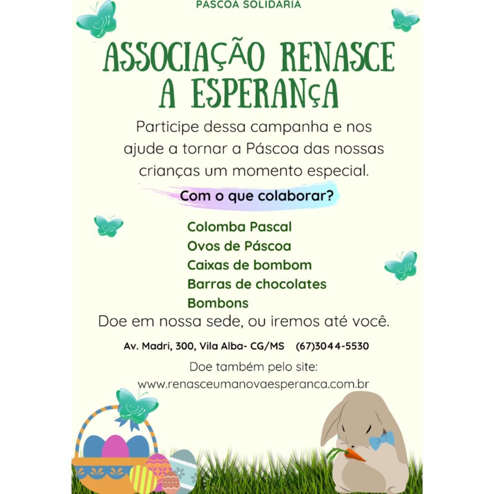 Associação Renasce Uma Nova Esperança pede doação de chocolates e ovos de páscoa para doar as crianças