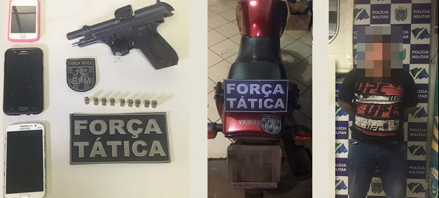 Motocicleta e celulares recuperados. Arma utilizada nos crimes.
Foto: PM/Divulgação