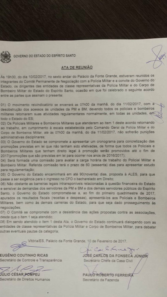 Governo do ES anuncia acordo com entidades para encerrar paralisação da PM Governo do ES anuncia acordo com entidades para encerrar paralisação da PM