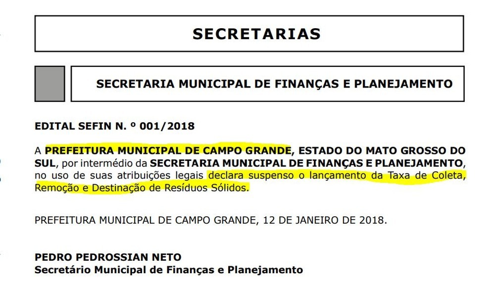 Edital da Sefin que suspendeu a cobrança da taxa do lixo no IPTU de Campo Grande (MS) (Foto: Reprodução/G1 MS)