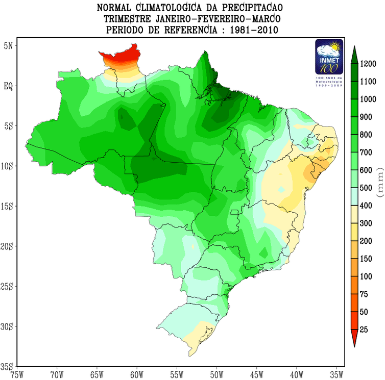Temporada de Verão começa neste domingo no Hemisfério Sul Climatologia de precipitação para o trimestre Janeiro, fevereiro e março/2020. Período de referência: 1981 –2010 - Fonte: INMET