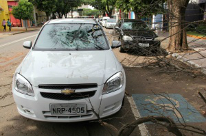 Galho de árvore cai, atinge carro em movimento e causa danos no Centro Prisma e Astra (ao fundo) foram atingidos por galho na manhã desta quinta, no Centro. (Foto: Marcos Ermínio)