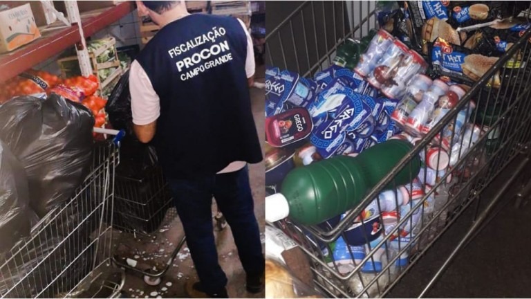 Supermercado é flagrado com 98 quilos de produtos com o prazo de validade vencido Os produtos foram descartados pelo Procon municipal. Divulgação