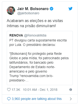 Bolsonaro ironiza carta de Lula: 'Visitas íntimas na prisão diminuíram'