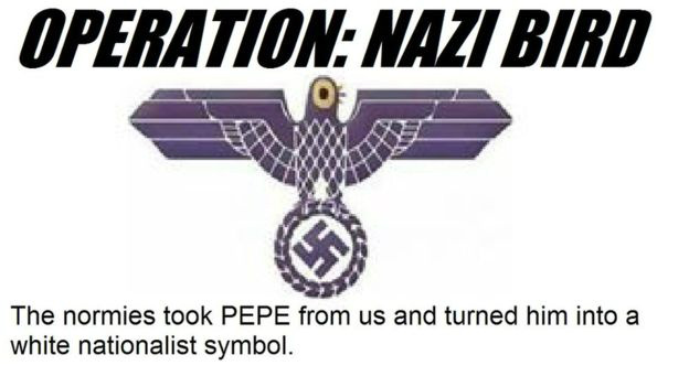 Qual a origem da Trash Dove, pomba roxa que invadiu o Facebook e virou até 'símbolo nazista' No site de debates 4chan, usuários começaram a usar a pomba como símbolo nazista.
4CHAN