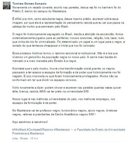 Tamires Sampaio, diretora do Centro Acadêmico de Direito do Mackenzie, comenta o caso de racismo Foto: Reprodução / Facebook